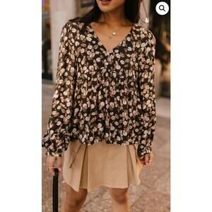 Bohme Womens Kylin Black Floral Blouse Babydoll Peasant Cottage Ruffle Flowey SM